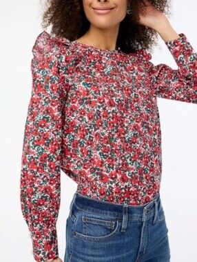 J. Crew red, white and green floral cotton blouse with ruffle shoulder details